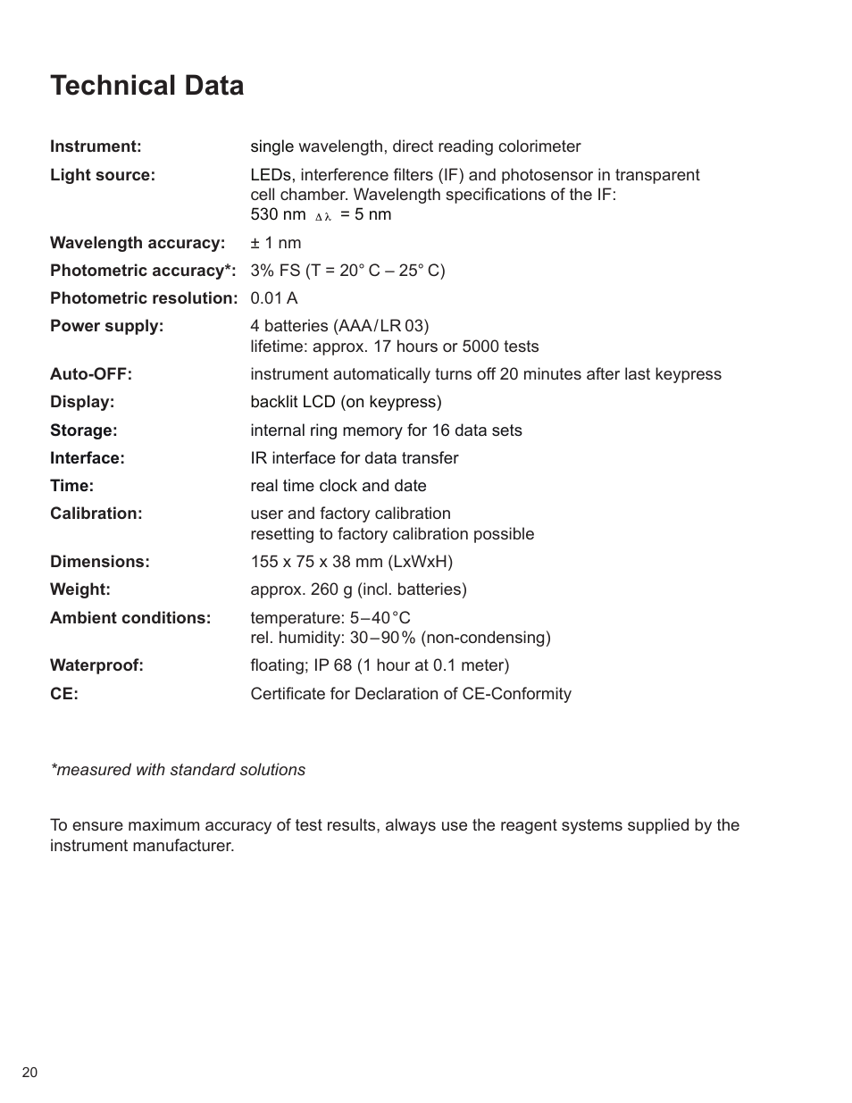 Technical data | YSI 900 Chlorine Colorimeter User Manual | Page 20 / 64