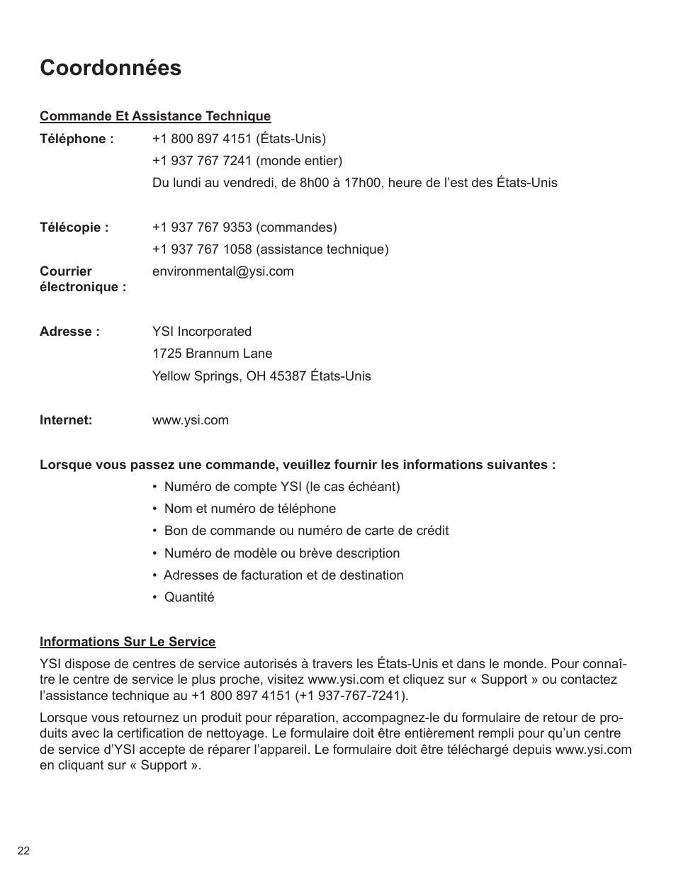 Coordonnées | YSI 900 Chlorine Colorimeter User Manual | Page 22 / 64