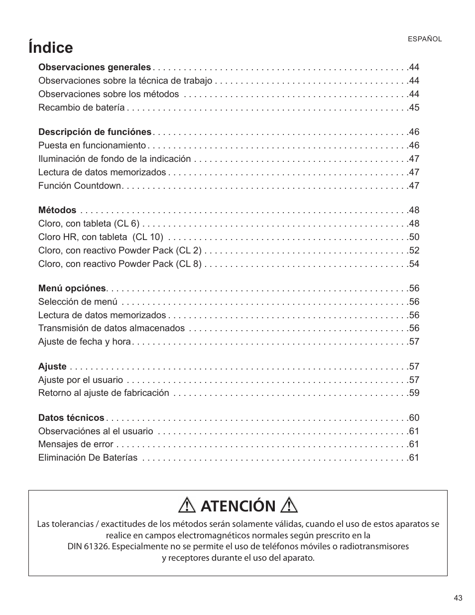 Índice atención | YSI 900 Chlorine Colorimeter User Manual | Page 43 / 64