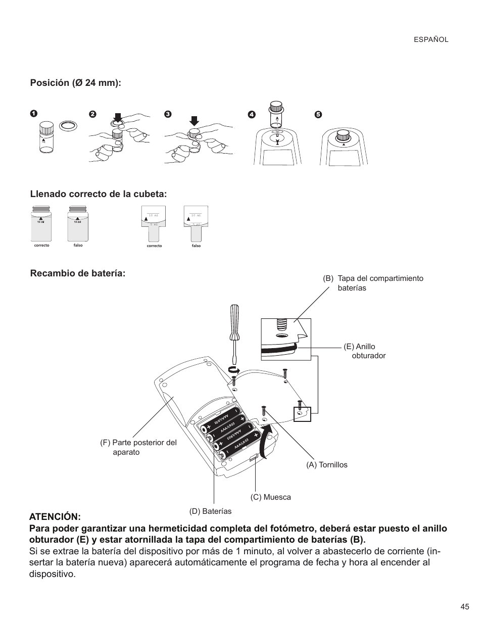 Llenado correcto de la cubeta, D) baterías (e) anillo | YSI 900 Chlorine Colorimeter User Manual | Page 45 / 64