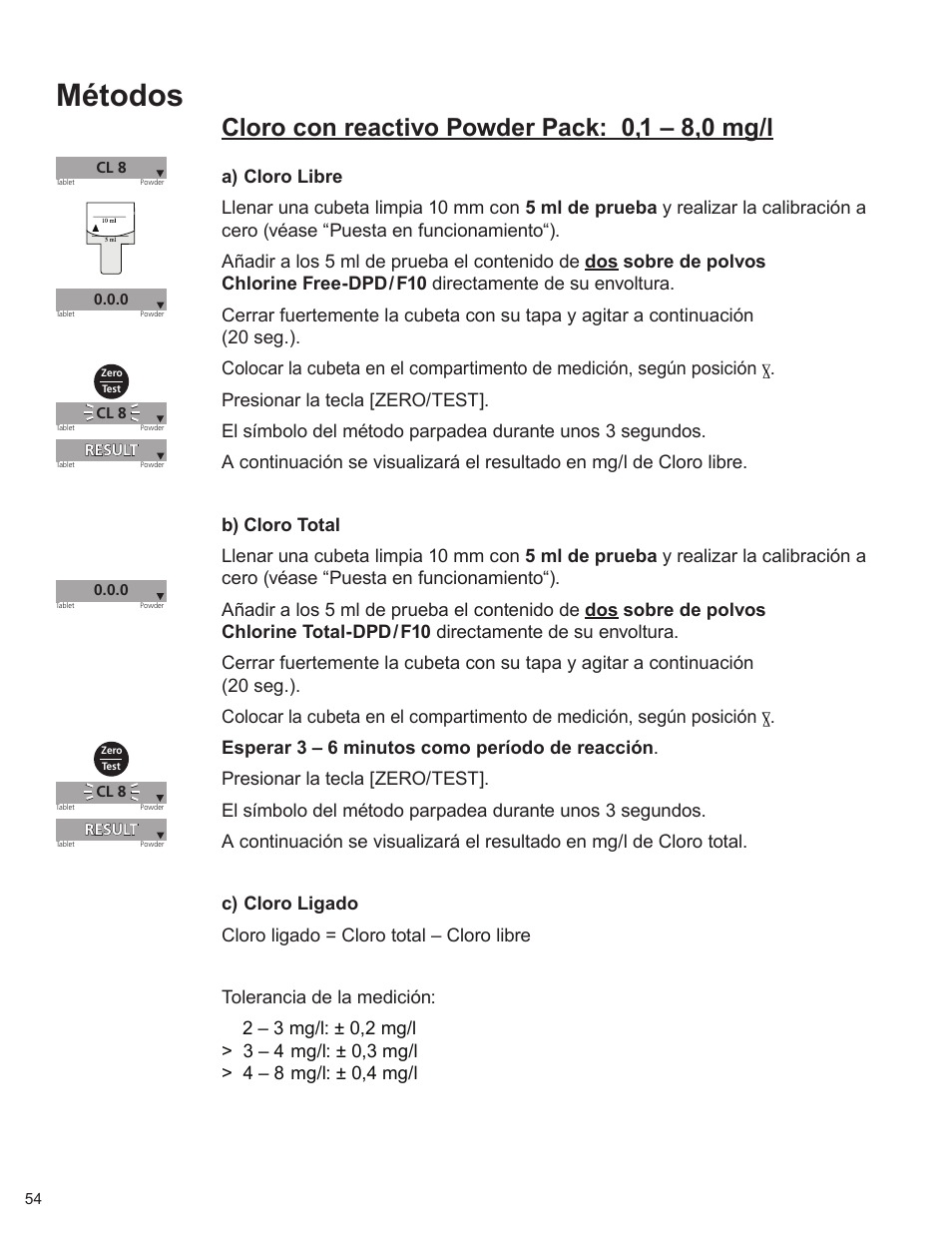 Métodos, Cloro con reactivo powder pack: 0,1 – 8,0 mg/l | YSI 900 Chlorine Colorimeter User Manual | Page 54 / 64