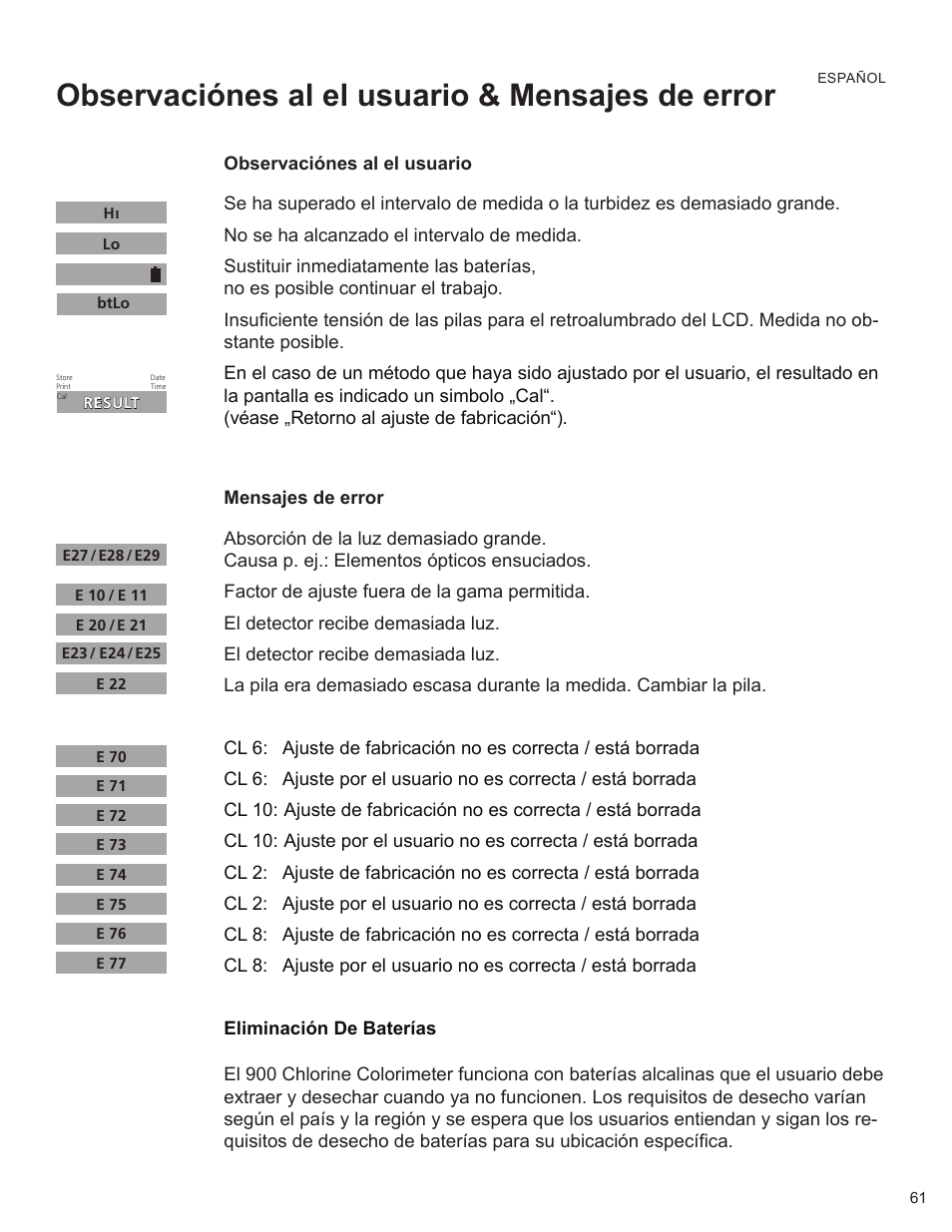 Observaciónes al el usuario & mensajes de error | YSI 900 Chlorine Colorimeter User Manual | Page 61 / 64
