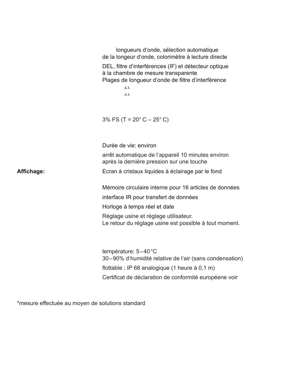 Caractéristiques techniques | YSI 910 COD Colorimeter User Manual | Page 24 / 41