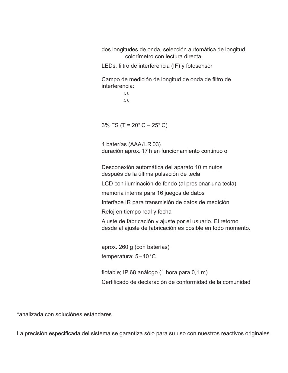 Datos técnicos | YSI 910 COD Colorimeter User Manual | Page 36 / 41