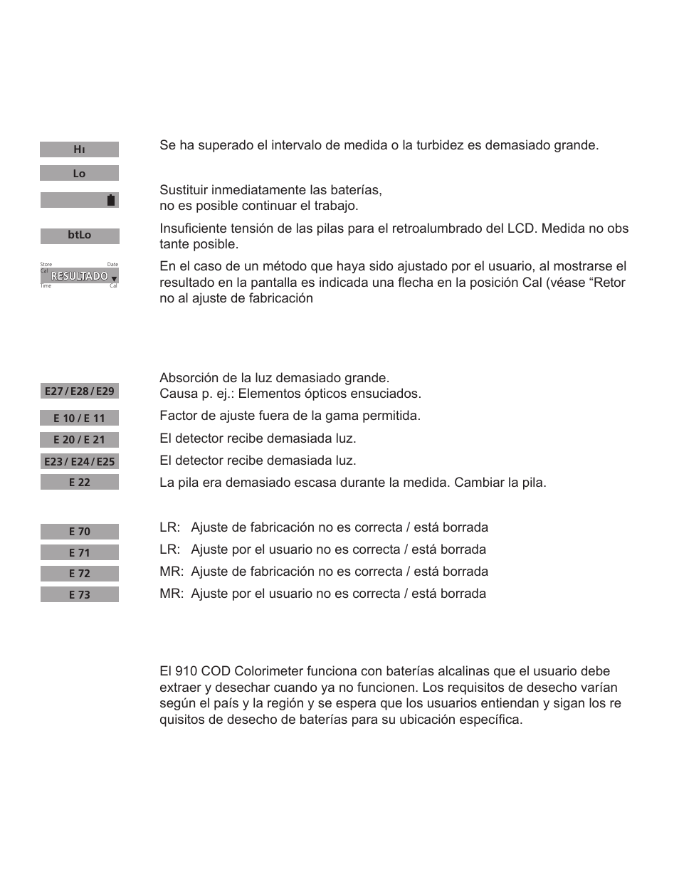 Observaciónes al el usuario & mensajes de error | YSI 910 COD Colorimeter User Manual | Page 37 / 41
