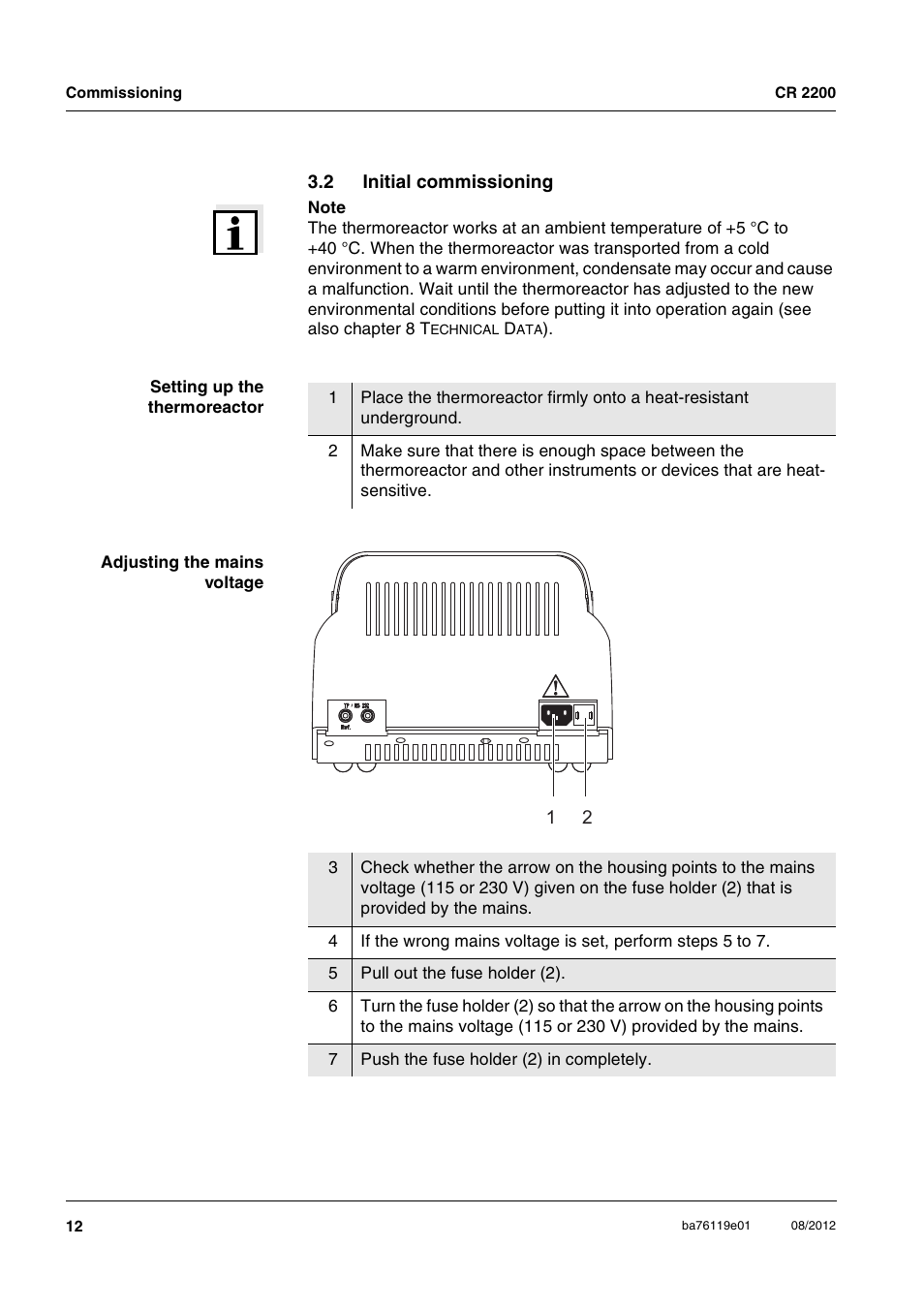 2 initial commissioning, Initial commissioning | YSI CR2200 Thermoreactor User Manual | Page 12 / 36