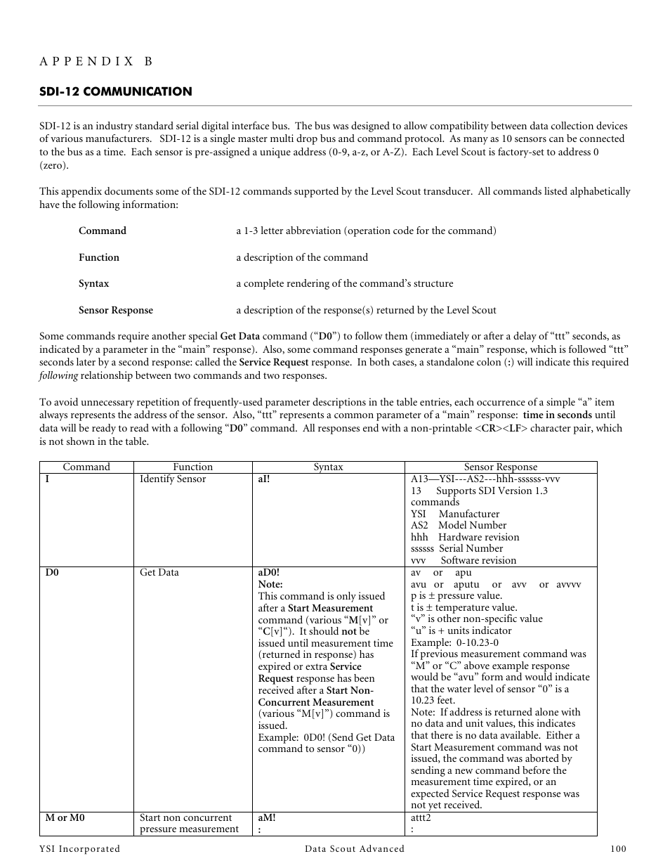 Sdi-12 communication, Appendix b - sdi-12 communication | YSI Data Scout Advanced User Manual | Page 104 / 115