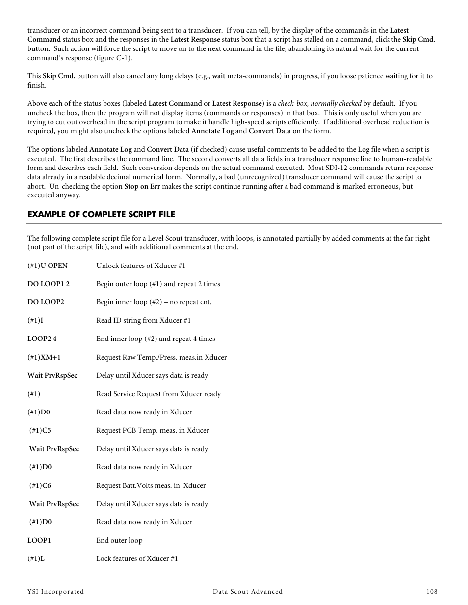 Example of complete script file | YSI Data Scout Advanced User Manual | Page 112 / 115