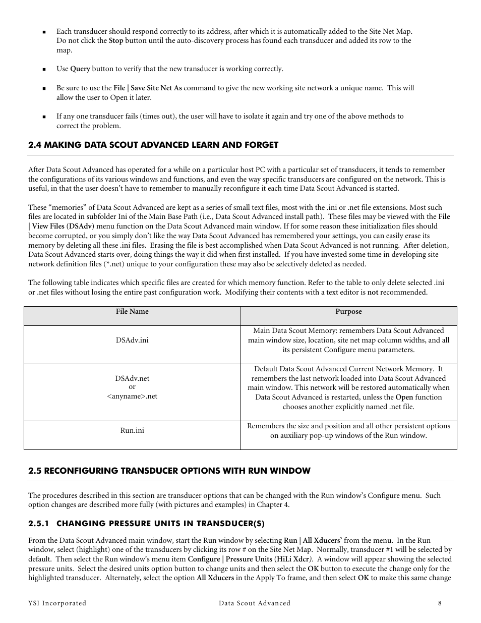 4 making data scout advanced learn and forget, 5 reconfiguring transducer options with run window, 1 changing pressure units in transducer(s) | Changing pressure units in transducer(s) | YSI Data Scout Advanced User Manual | Page 12 / 115