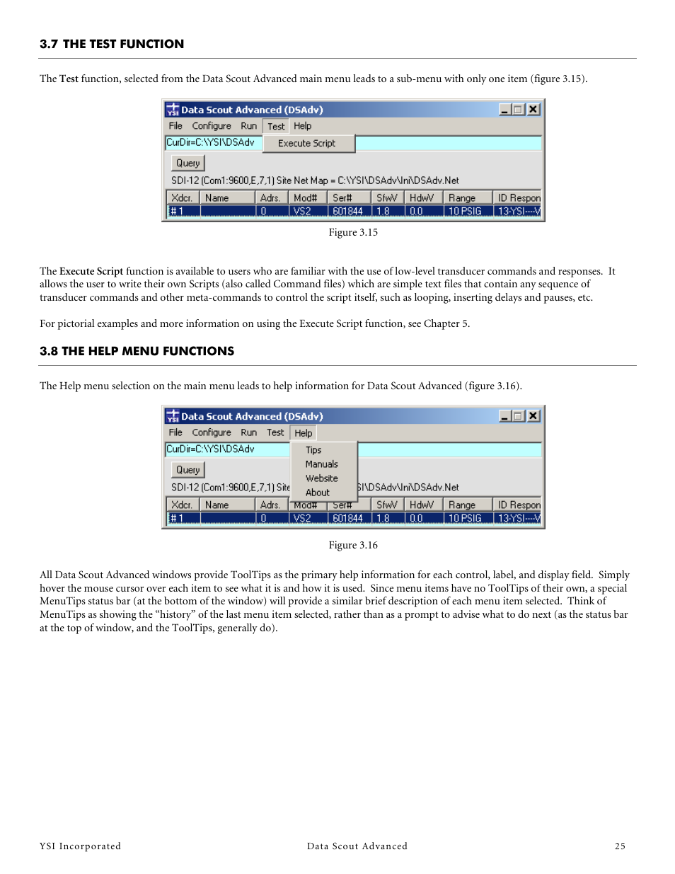 7 the test function, The test function, 8 the help menu functions | YSI Data Scout Advanced User Manual | Page 29 / 115