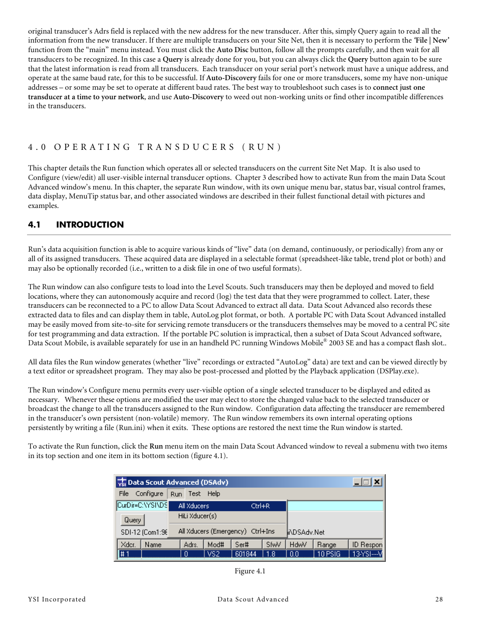 1 introduction, 0 operating transducers (run) | YSI Data Scout Advanced User Manual | Page 32 / 115