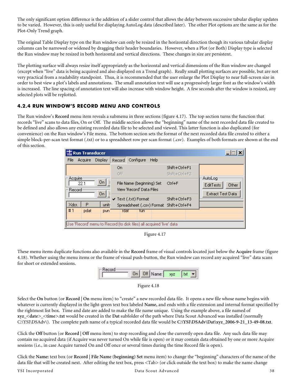 4 run window’s record menu and controls | YSI Data Scout Advanced User Manual | Page 42 / 115