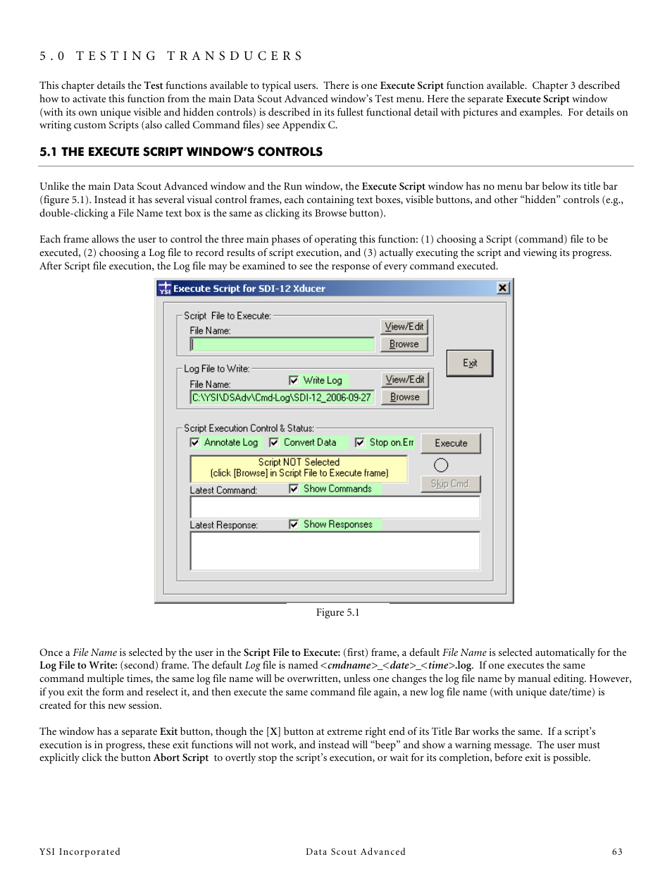 1 the execute script window’s controls, 0 testing transducers | YSI Data Scout Advanced User Manual | Page 67 / 115