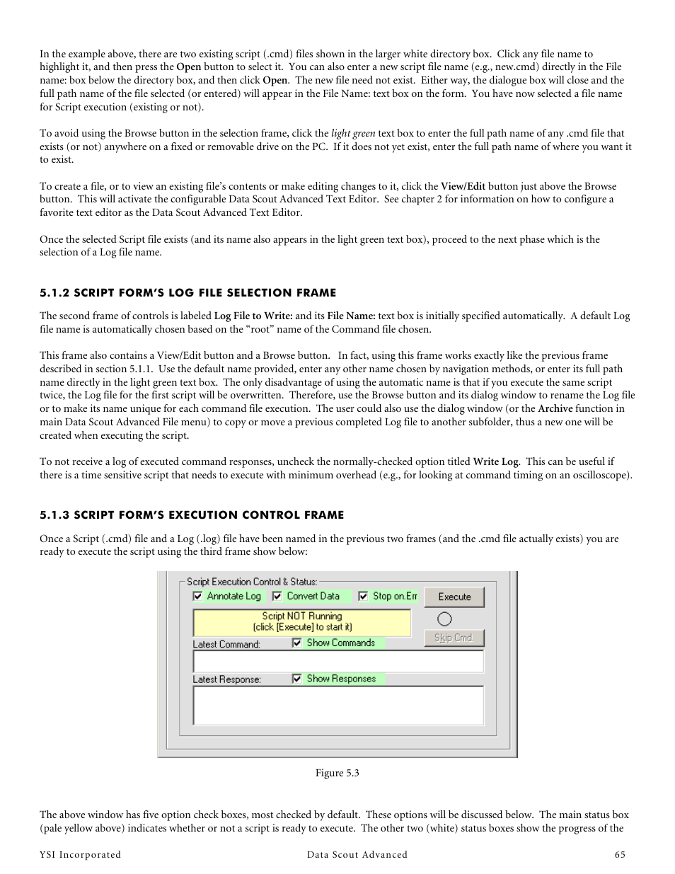 2 script form’s log file selection frame, 3 script form’s execution control frame | YSI Data Scout Advanced User Manual | Page 69 / 115