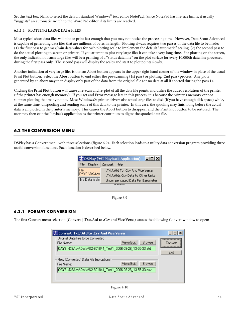 4 plotting large data files, 2 the conversion menu, 1 format conversion | Plotting large data files, Format conversion | YSI Data Scout Advanced User Manual | Page 88 / 115
