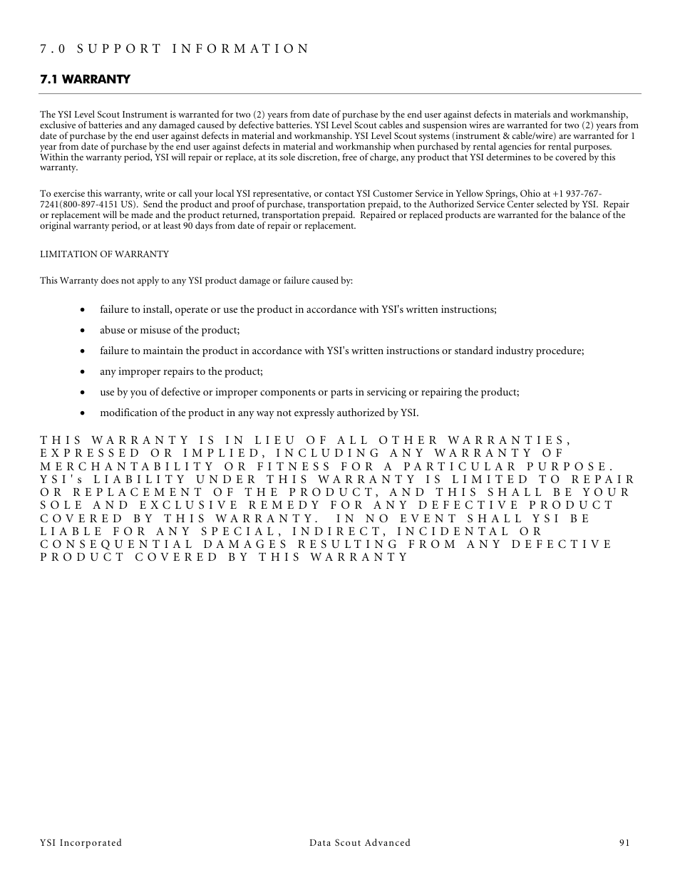 1 warranty, 0 support information | YSI Data Scout Advanced User Manual | Page 95 / 115