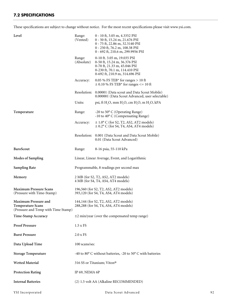 2 specifications | YSI Data Scout Advanced User Manual | Page 96 / 115
