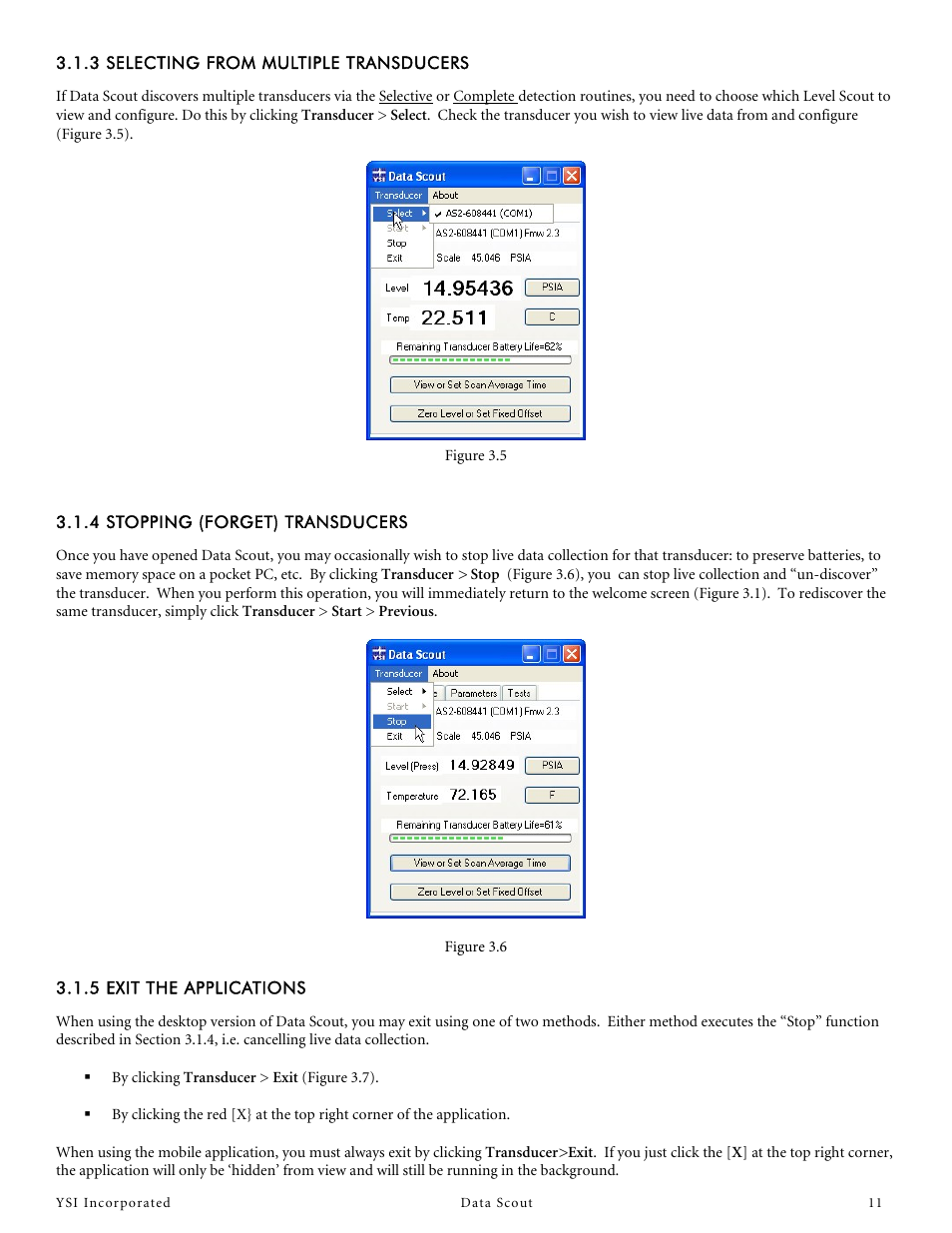 3 selecting from multiple transducers, 4 stopping (forget) transducers, 5 exit the applications | YSI Data Scout User Manual | Page 11 / 33