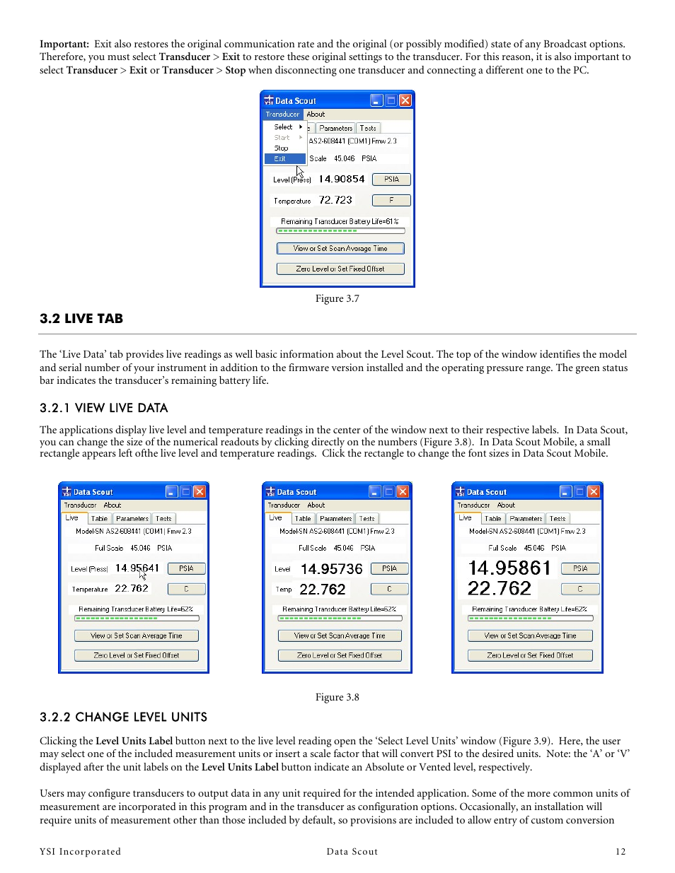 2 live tab, 1 view live data, 2 change level units | YSI Data Scout User Manual | Page 12 / 33