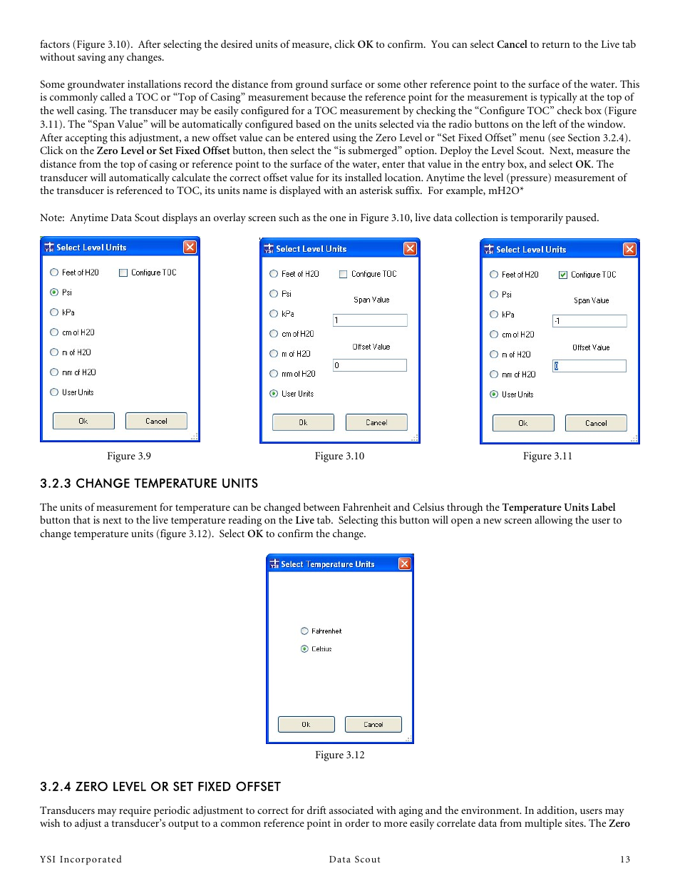 3 change temperature units, 4 zero level or set fixed offset | YSI Data Scout User Manual | Page 13 / 33