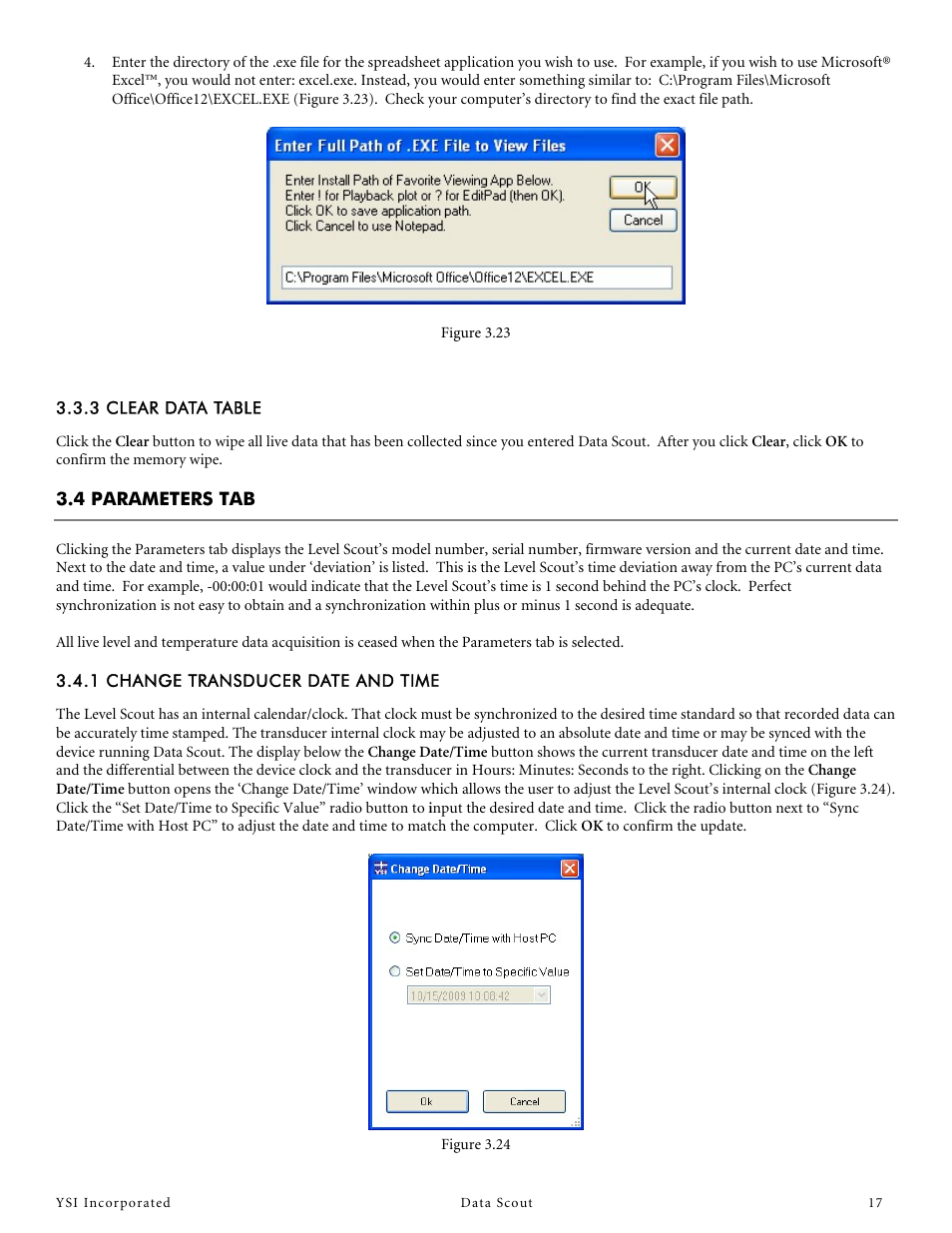 3 clear data table, 4 parameters tab, 1 change transducer date and time | YSI Data Scout User Manual | Page 17 / 33