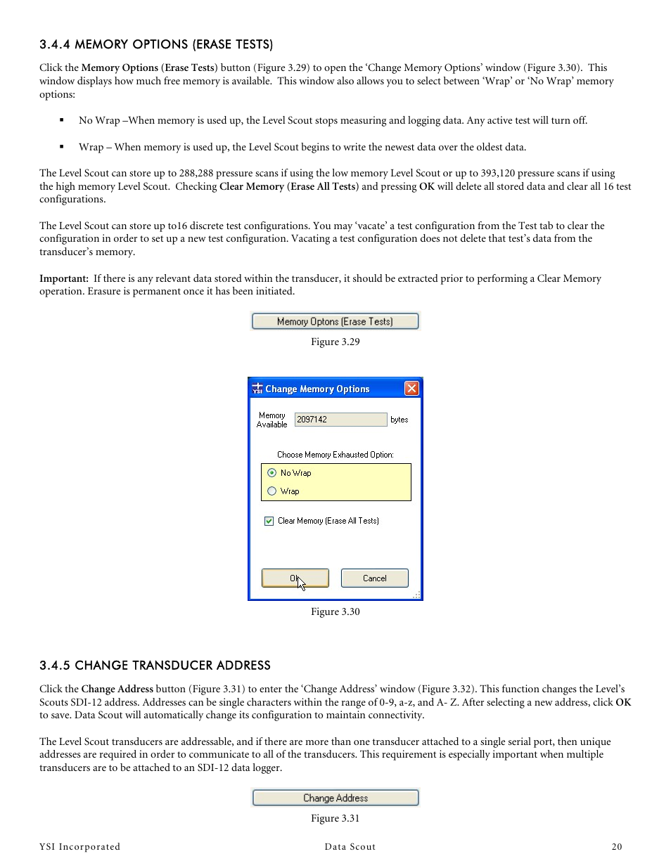 4 memory options (erase tests), 5 change transducer address | YSI Data Scout User Manual | Page 20 / 33