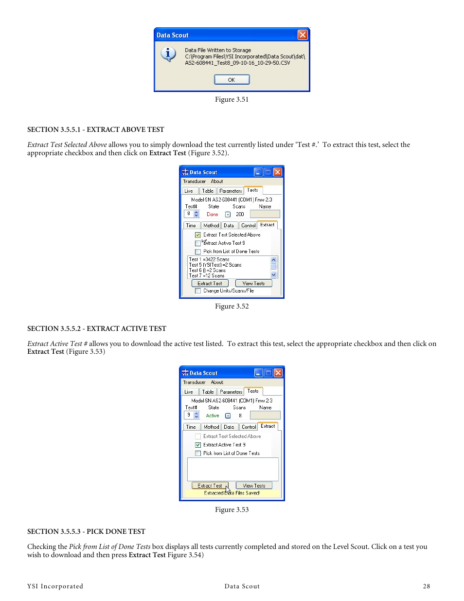 Section 3.5.5.2 - extract active test, Section 3.5.5.3 - pick done test, Section 3.5.5.1 - extract above test | YSI Data Scout User Manual | Page 28 / 33