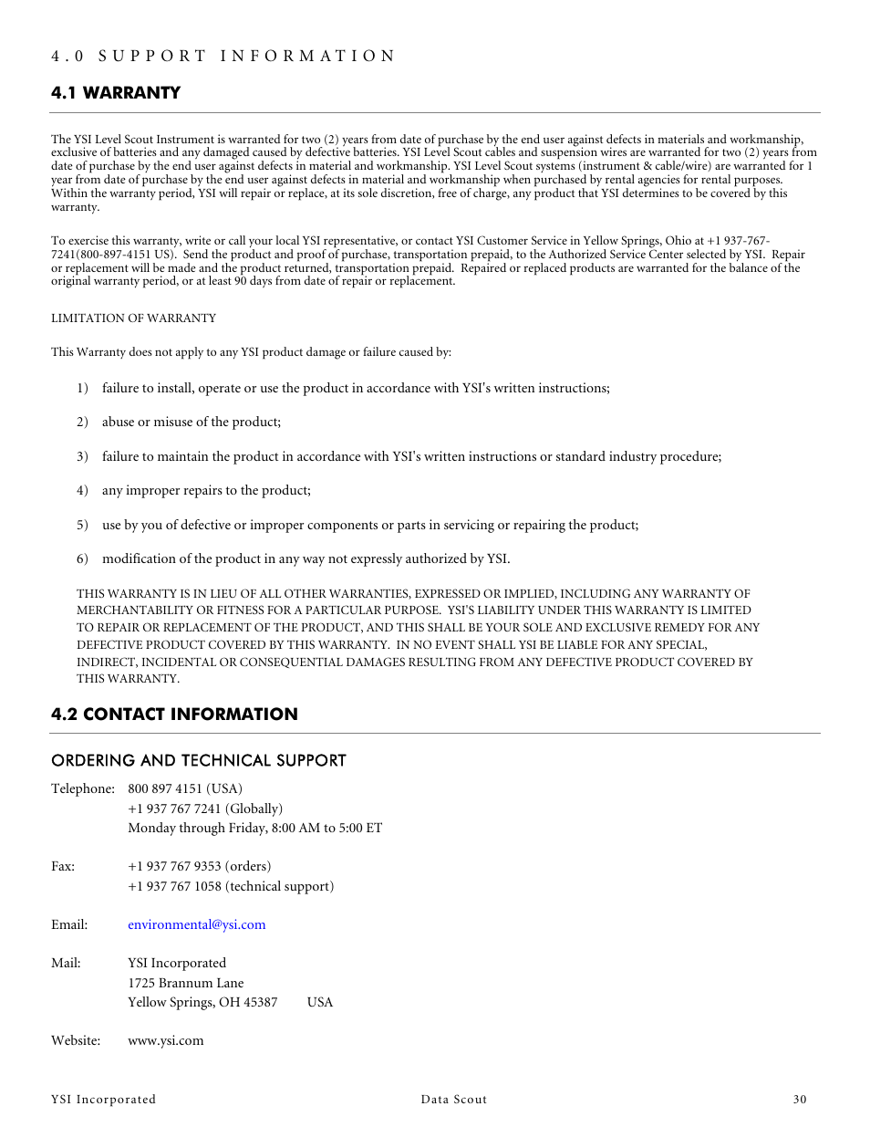 1 warranty, 2 contact information, Ordering and technical support | 0 support information | YSI Data Scout User Manual | Page 30 / 33