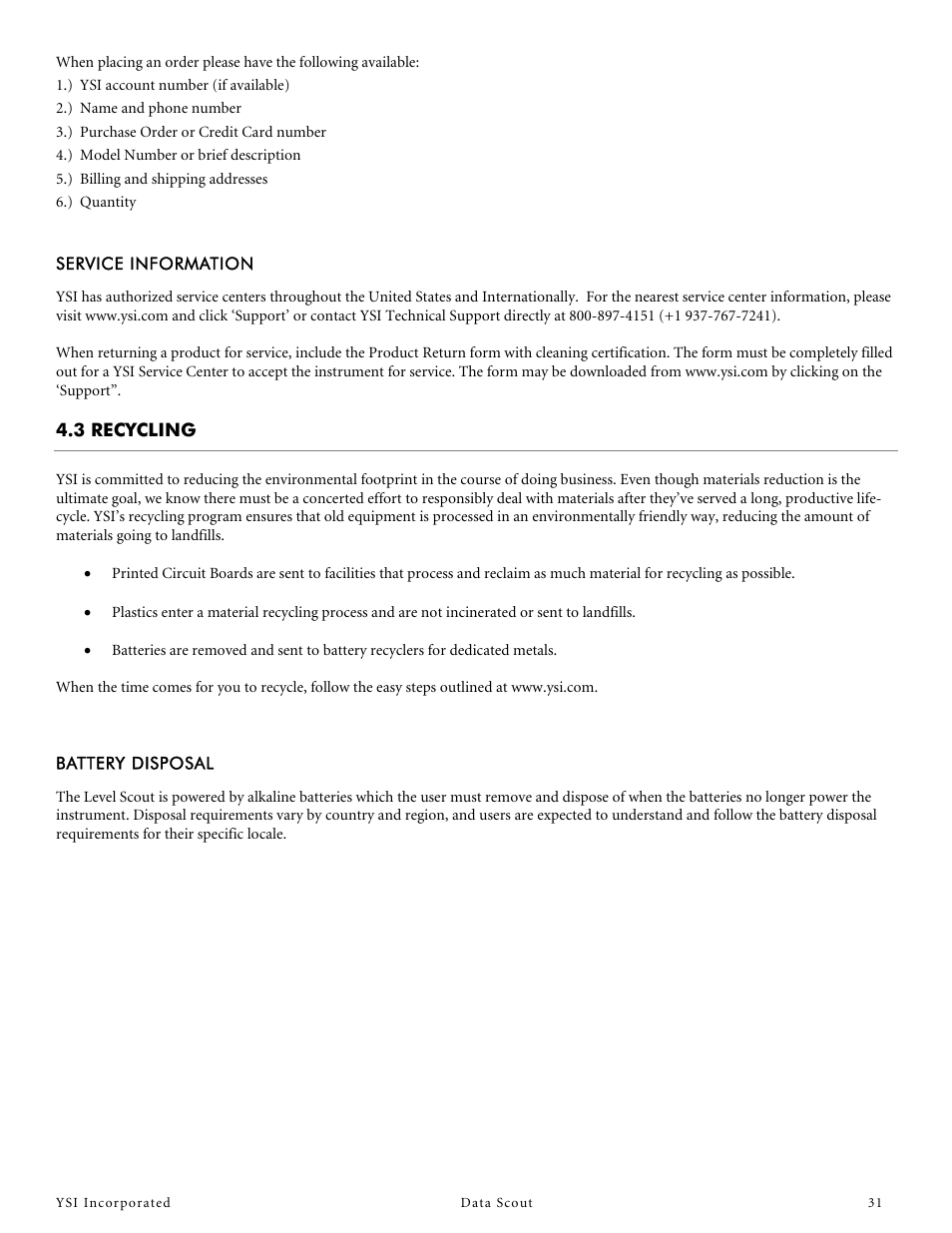 Service information, 3 recycling, Battery disposal | YSI Data Scout User Manual | Page 31 / 33