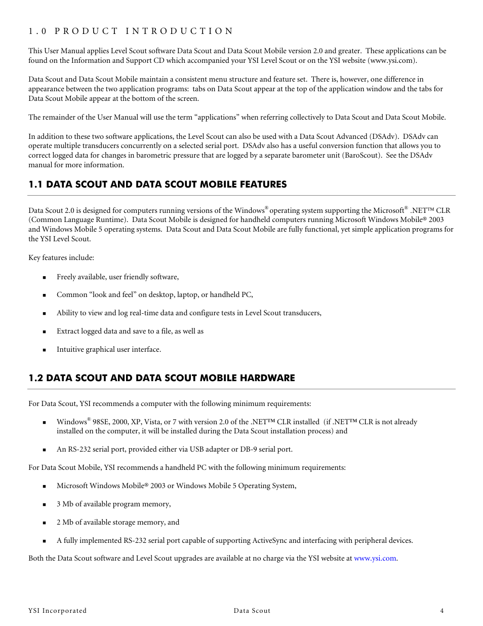 1 data scout and data scout mobile features, 2 data scout and data scout mobile hardware, 0 product introduction | YSI Data Scout User Manual | Page 4 / 33