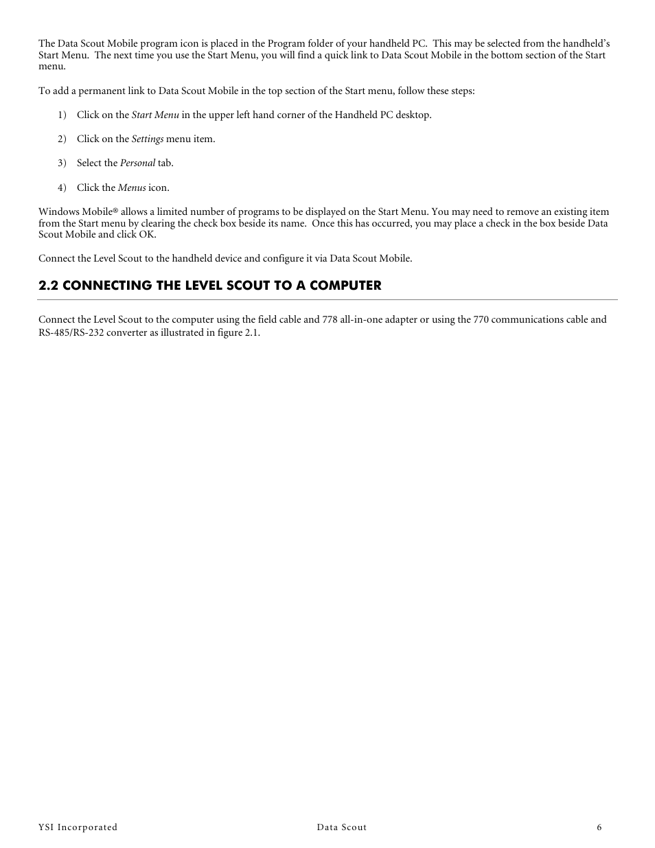 2 connecting the level scout to a computer | YSI Data Scout User Manual | Page 6 / 33