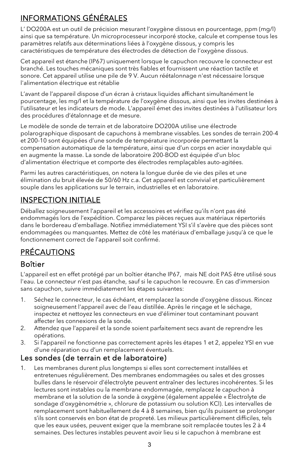 Informations générales, Inspection initiale, Précautions boîtier | Les sondes (de terrain et de laboratoire) | YSI EcoSense  DO200A User Manual | Page 11 / 36