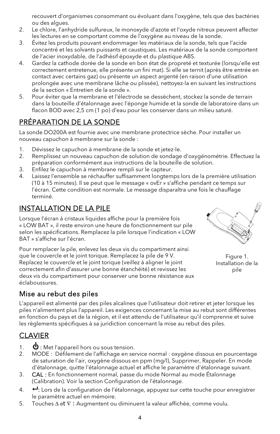 Préparation de la sonde, Installation de la pile, Mise au rebut des piles | Clavier | YSI EcoSense  DO200A User Manual | Page 12 / 36