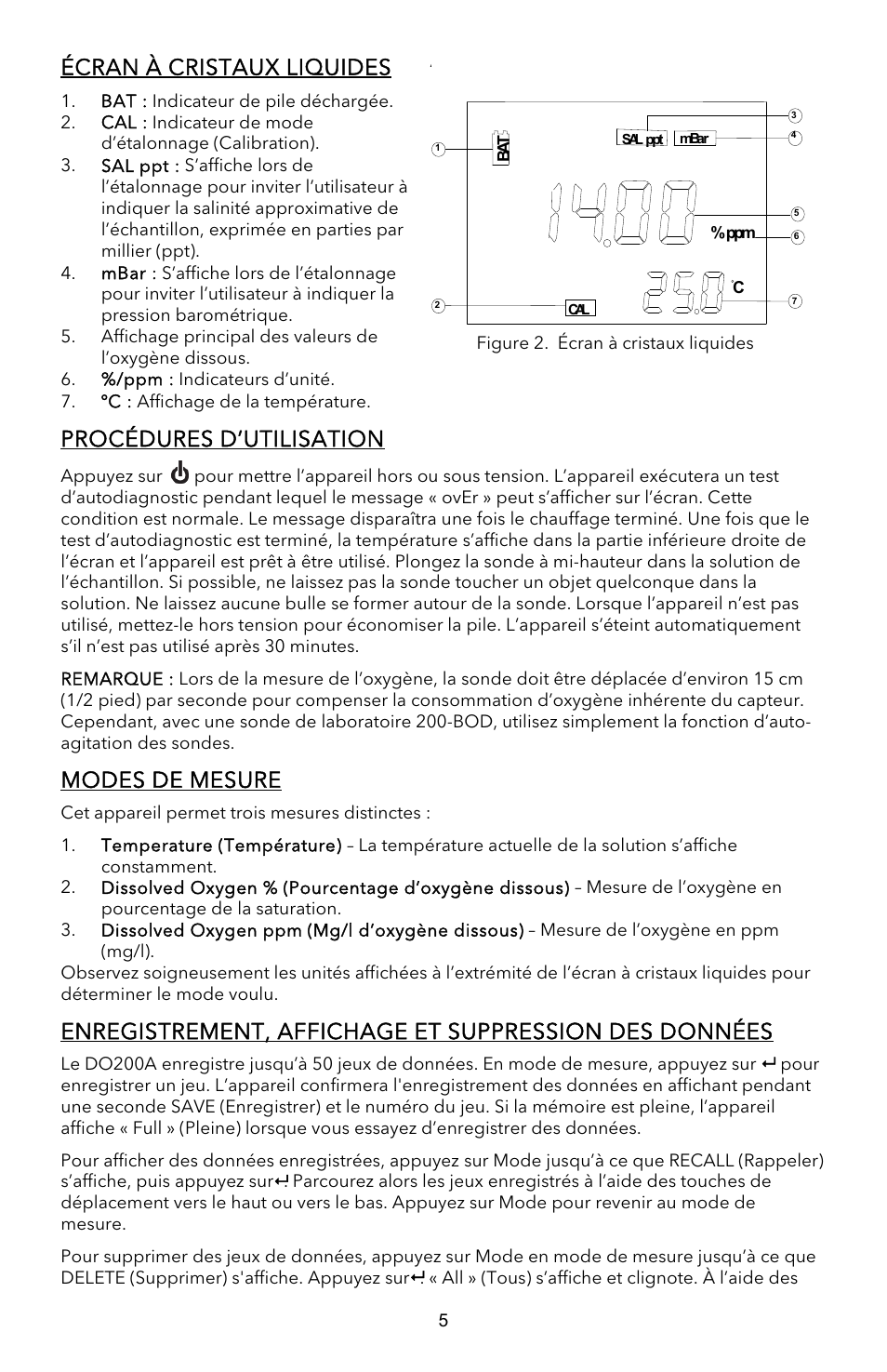 Écran à cristaux liquides, Procédures d’utilisation, Modes de mesure | YSI EcoSense  DO200A User Manual | Page 13 / 36