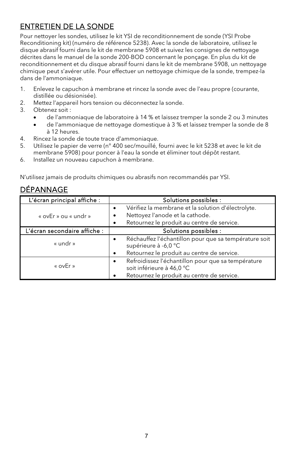 Entretien de la sonde, Dépannage | YSI EcoSense  DO200A User Manual | Page 15 / 36