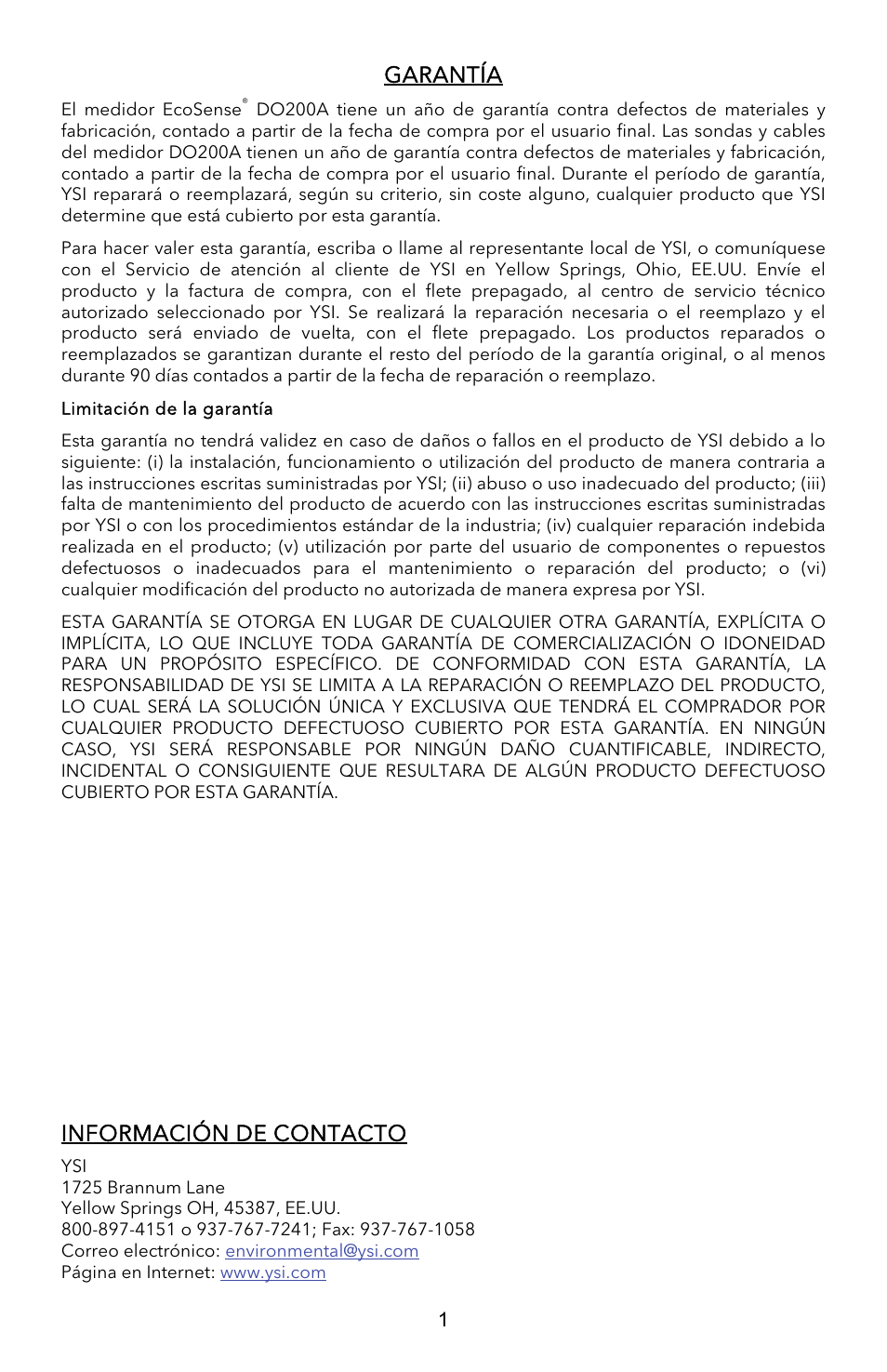 Garantía, Información de contacto | YSI EcoSense  DO200A User Manual | Page 17 / 36