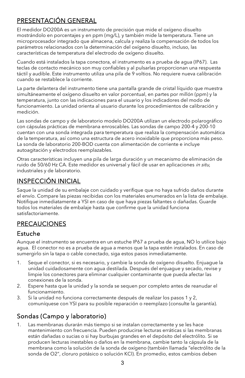 Presentación general, Inspección inicial, Precauciones estuche | Sondas (campo y laboratorio) | YSI EcoSense  DO200A User Manual | Page 19 / 36