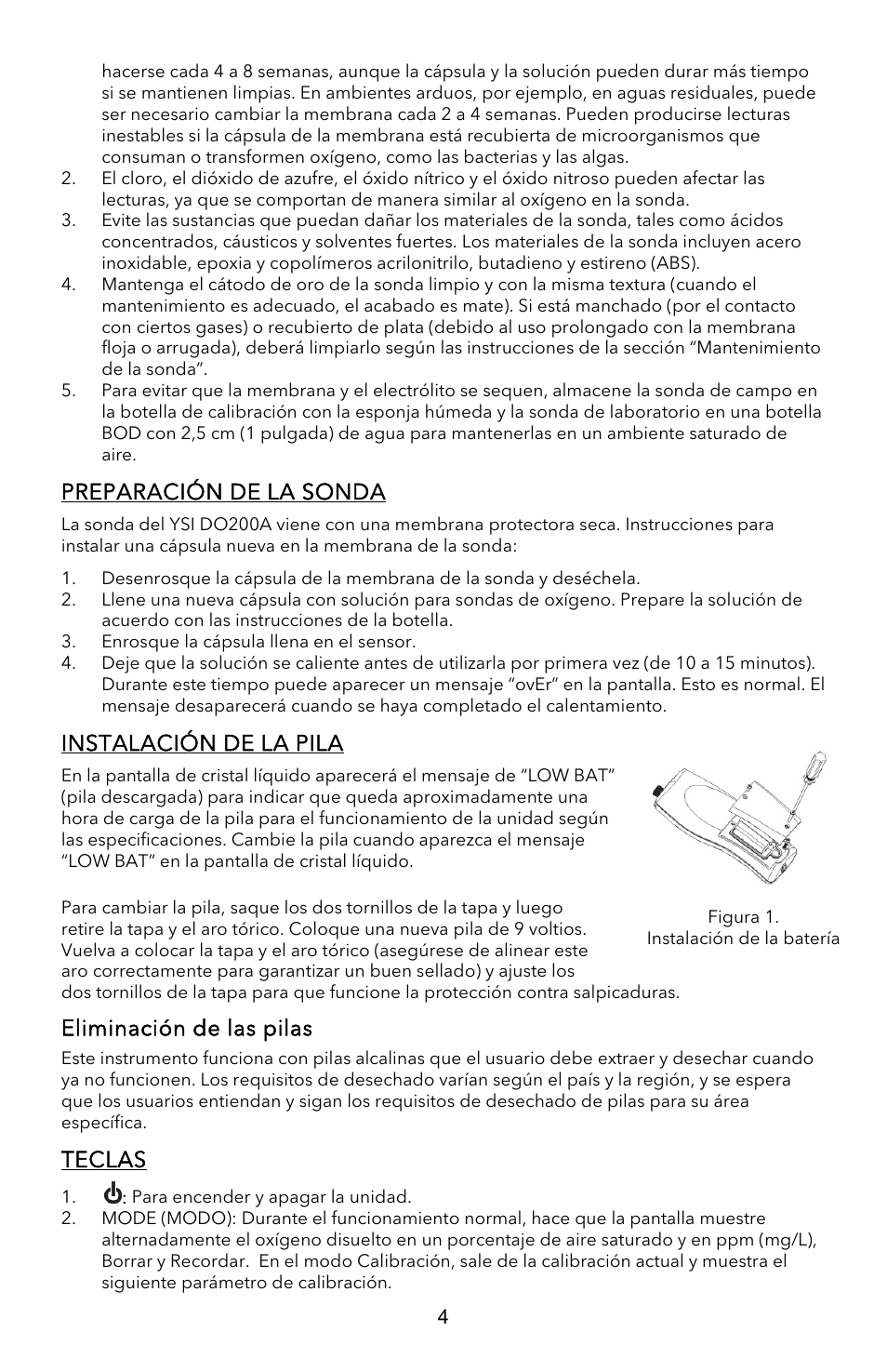 Preparación de la sonda, Instalación de la pila, Eliminación de las pilas | Teclas | YSI EcoSense  DO200A User Manual | Page 20 / 36