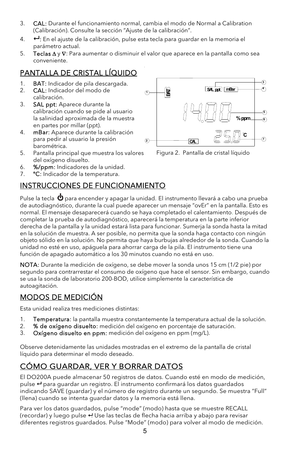 Pantalla de cristal líquido, Instrucciones de funcionamiento, Modos de medición | Cómo guardar, ver y borrar datos | YSI EcoSense  DO200A User Manual | Page 21 / 36