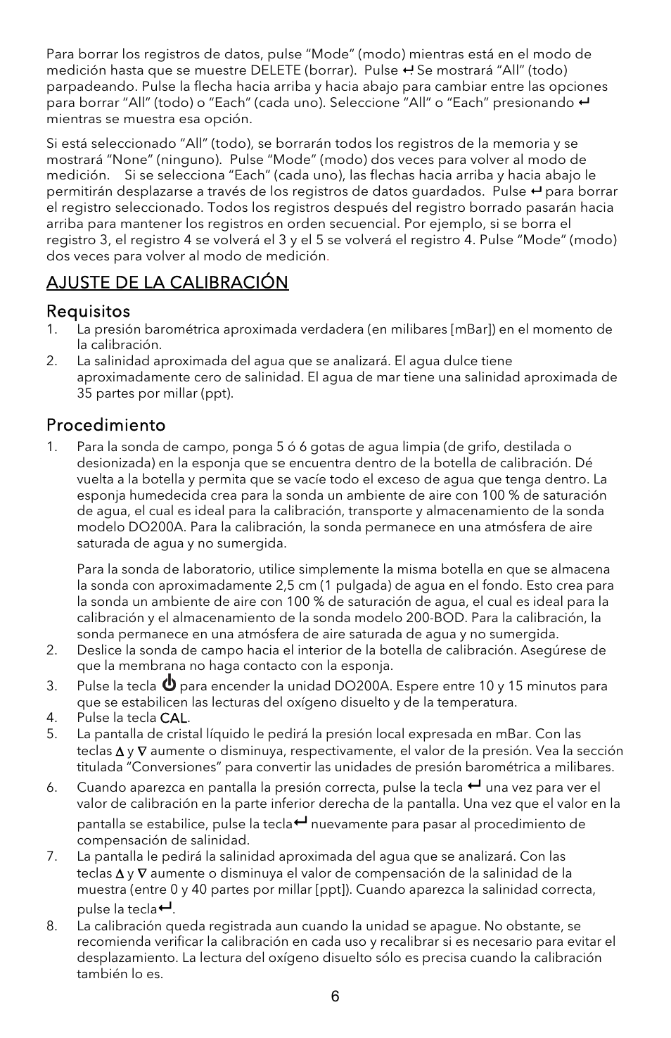 Ajuste de la calibración, Requisitos, Procedimiento | YSI EcoSense  DO200A User Manual | Page 22 / 36