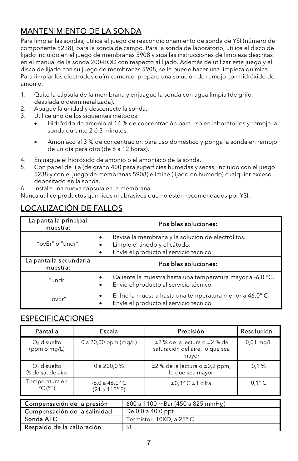 Mantenimiento de la sonda, Localización de fallos, Especificaciones | YSI EcoSense  DO200A User Manual | Page 23 / 36