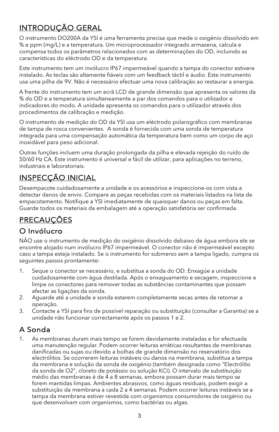 Introdução geral, Inspecção inicial, Precauções o invólucro | A sonda | YSI EcoSense  DO200A User Manual | Page 27 / 36