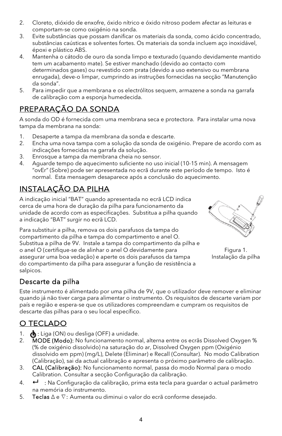 Preparação da sonda, Instalação da pilha, Descarte da pilha | O teclado | YSI EcoSense  DO200A User Manual | Page 28 / 36