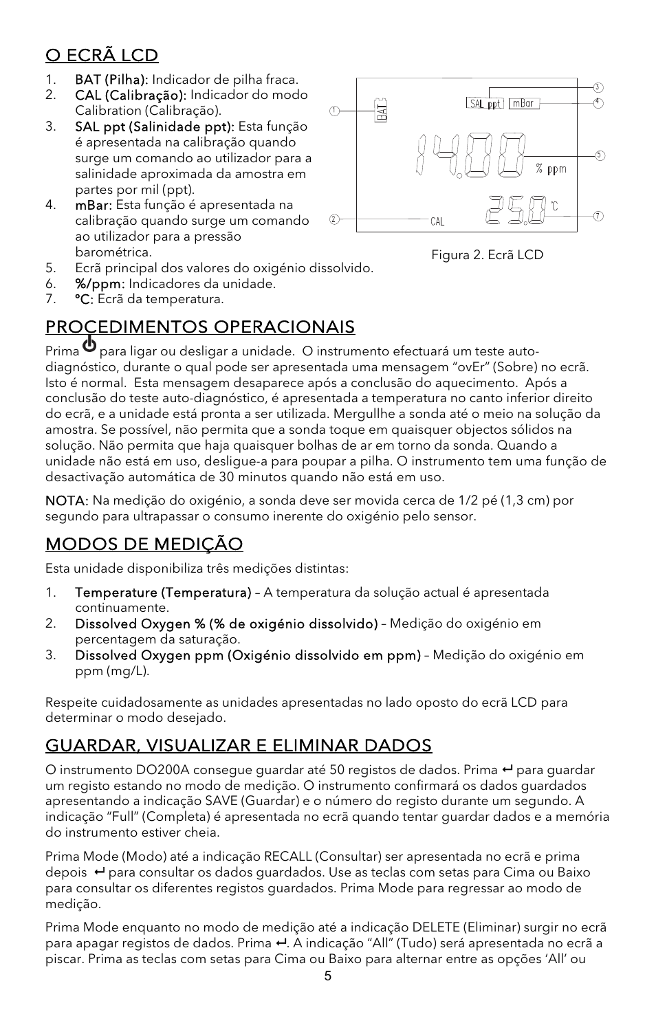 O ecrã lcd, Procedimentos operacionais, Modos de medição | Guardar, visualizar e eliminar dados | YSI EcoSense  DO200A User Manual | Page 29 / 36