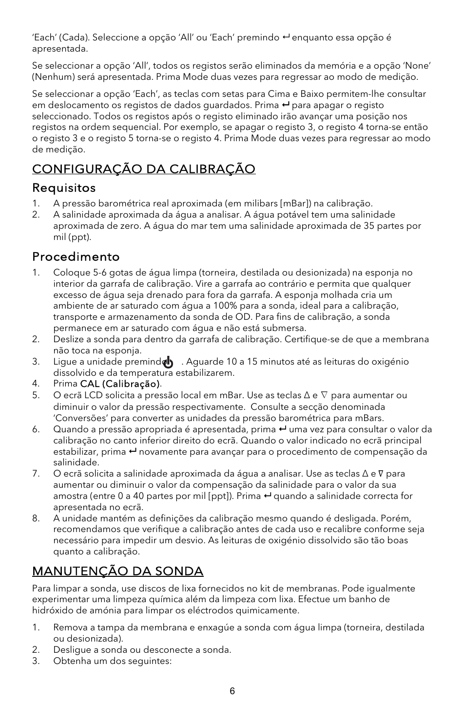 Configuração da calibração requisitos, Procedimento, Manutenção da sonda | YSI EcoSense  DO200A User Manual | Page 30 / 36