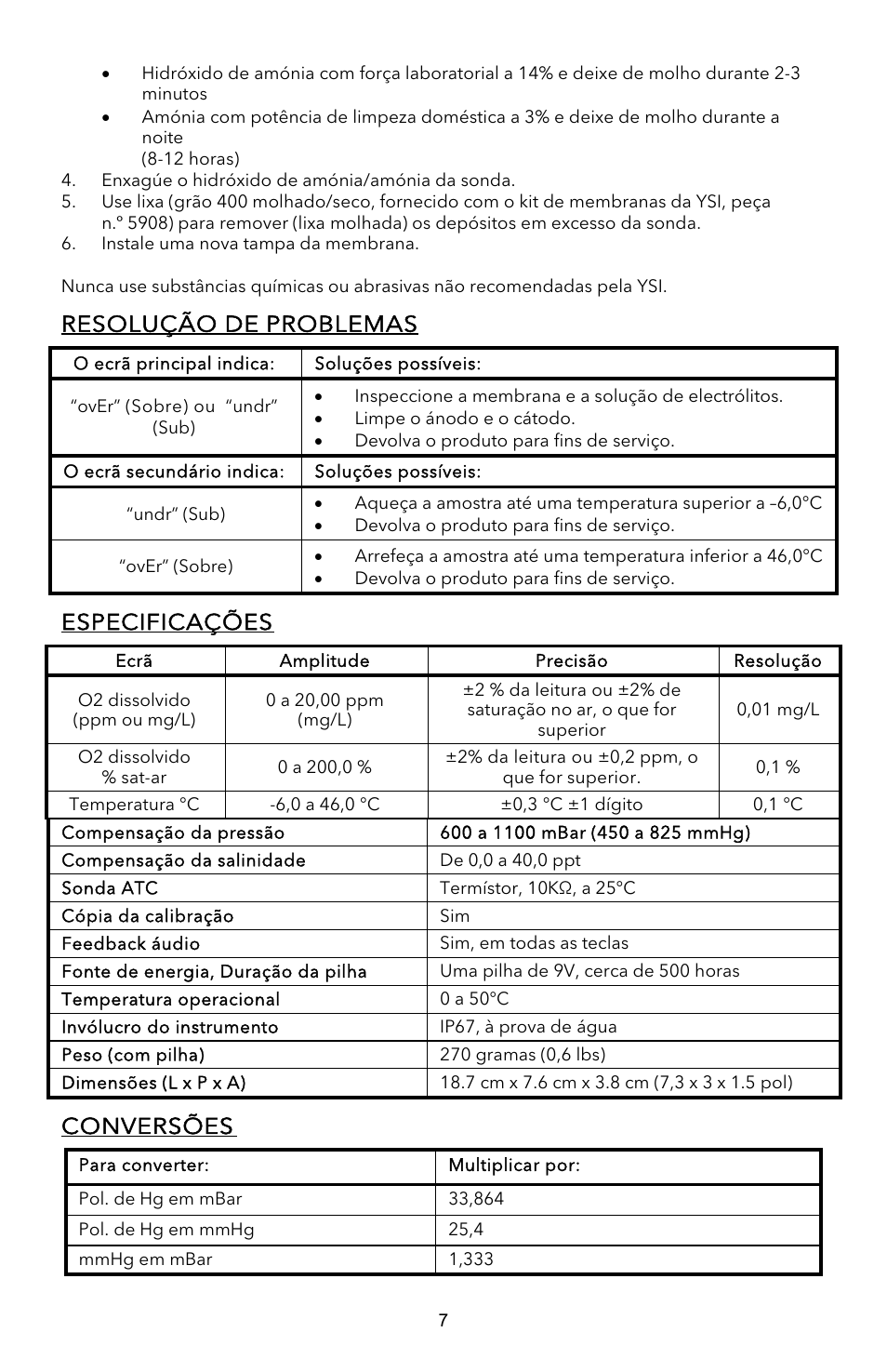 Resolução de problemas, Especificações, Conversões | YSI EcoSense  DO200A User Manual | Page 31 / 36