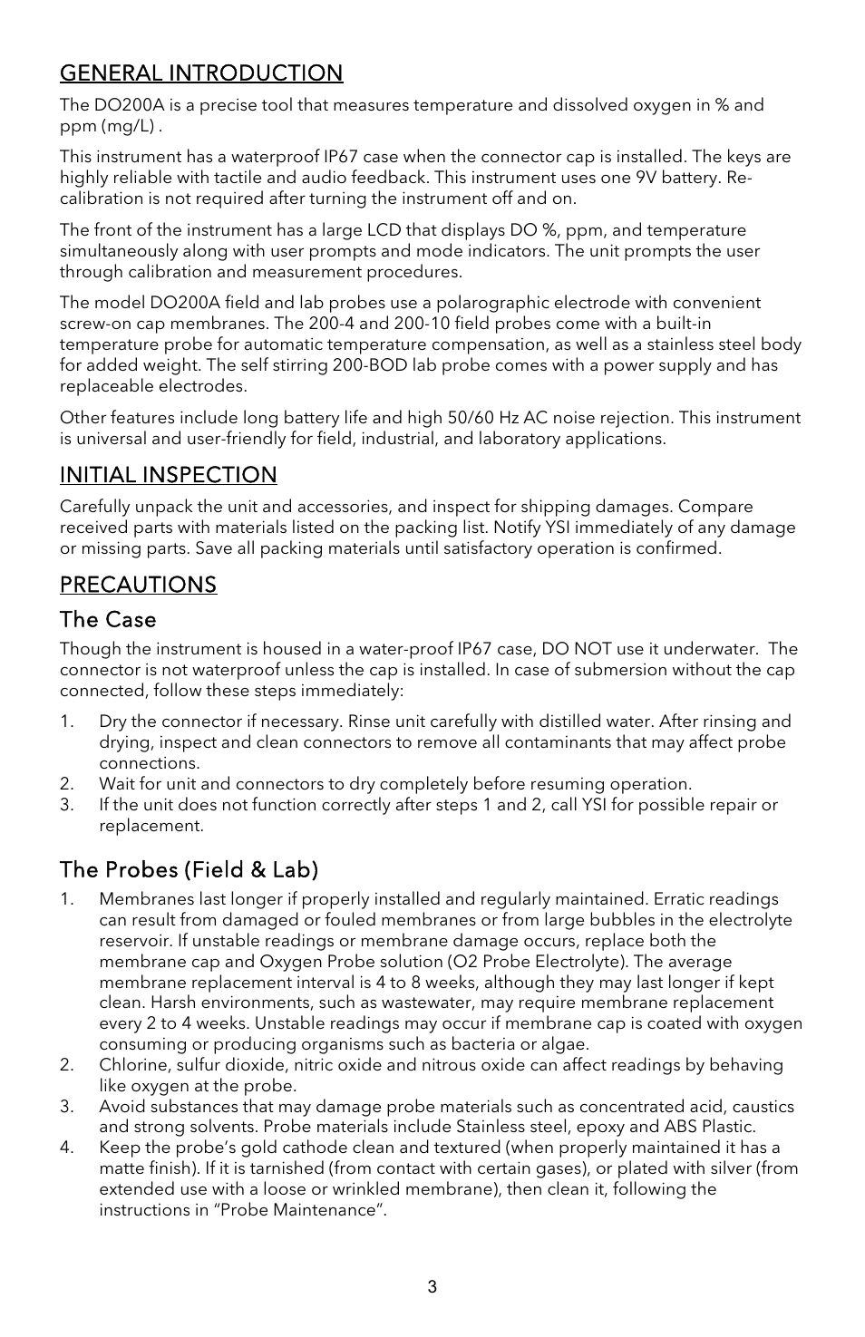 General introduction, Initial inspection, Precautions the case | The probes (field & lab) | YSI EcoSense  DO200A User Manual | Page 4 / 36