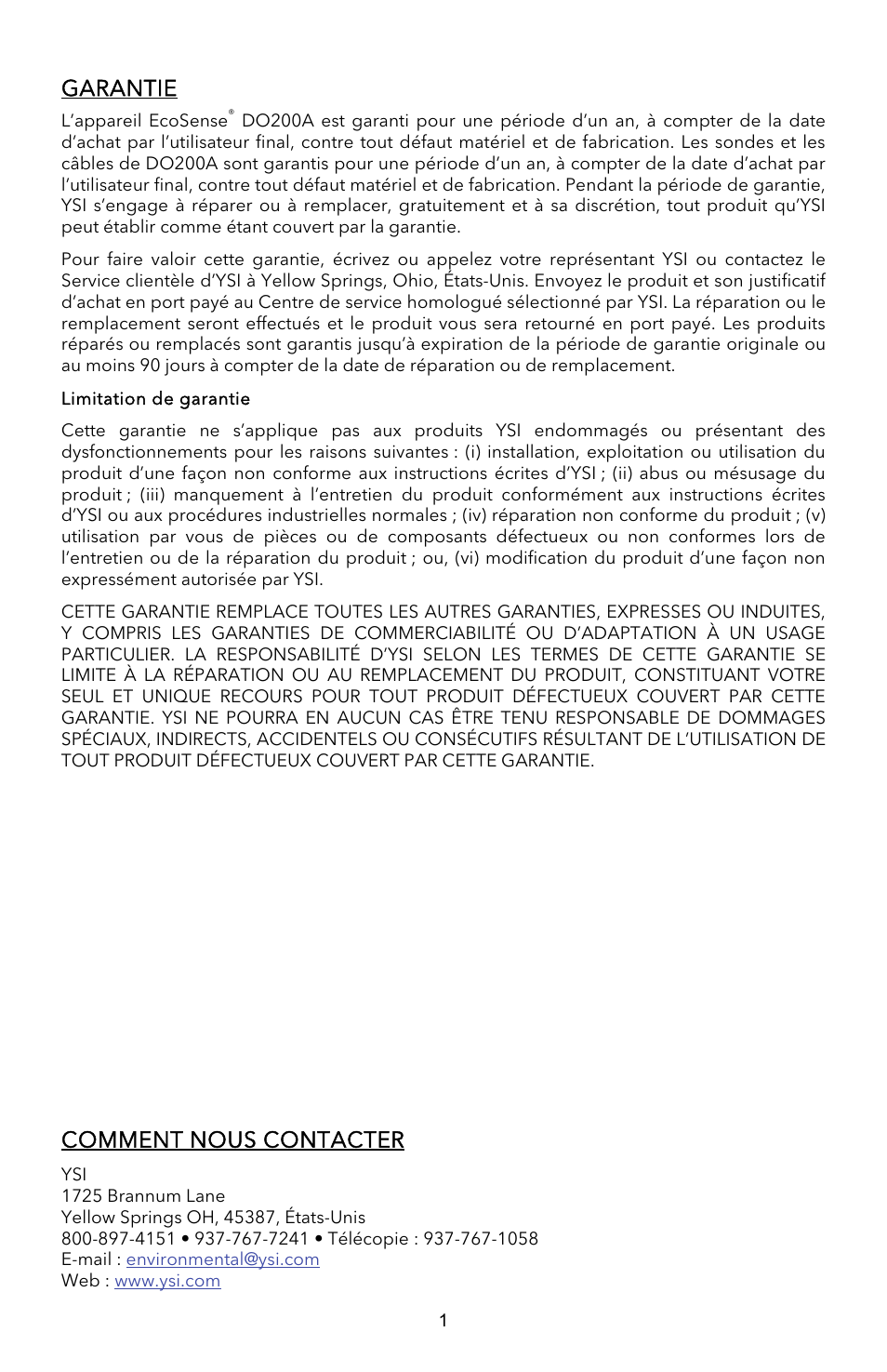 Garantie, Comment nous contacter | YSI EcoSense  DO200A User Manual | Page 9 / 36