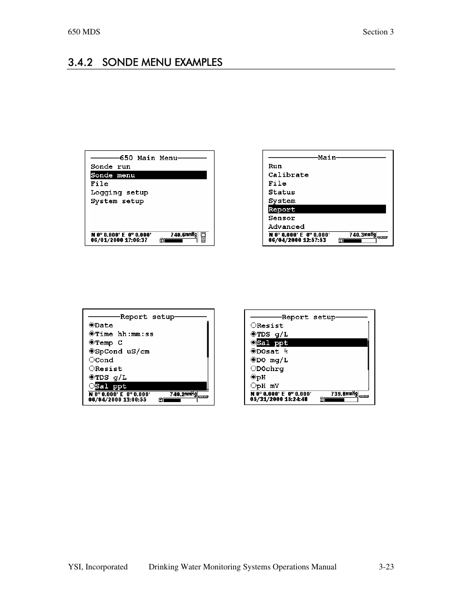 2 sonde menu examples | YSI 600DW-B Sonde User Manual | Page 132 / 300
