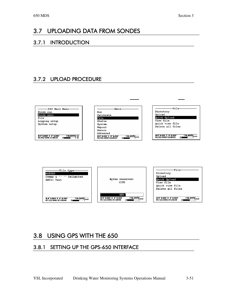 7 uploading data from sondes, 1 introduction, 2 upload procedure | 8 using gps with the 650, 1 setting up the gps-650 interface | YSI 600DW-B Sonde User Manual | Page 160 / 300